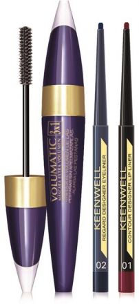 Keenwell Lashes Flashes kit - Řasenka Volum Lash 15 ml + tužka na oči modrá 0,3 g + konturovací tužka na rty č. 32 1,5 g Dárková sada
