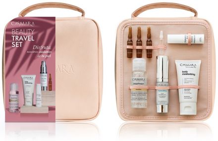Casmara Beauty Travel Set - Micelární voda 50ml + Hydratační krém 15ml + Ampule proti vráskám 3x2,5ml + Protivráskový krém na oční okolí 4ml + Hydratační tělový krém 50ml + Neceser Dárková sada