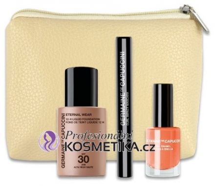 Germaine de Capuccini Sada Make-up I - Make Up Eternal Wear SPF 30 č.490 Nude + Řasenka pro extra objem Č.377 Černá + Lak na nehty č.727 Iluzionista + Béžový neceser Dárková sada