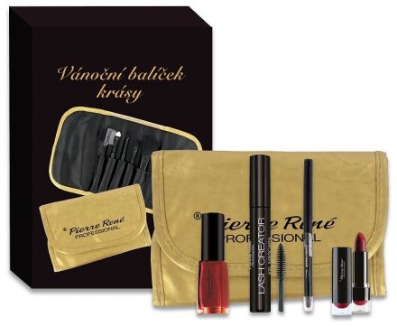 Pierre René Vánoční balíček krásy č.41 - Řasenka XXL + Rtěnka + Tužka na oči + Lak na nehty + Zlaté pouzdro se štětci Dárková sada