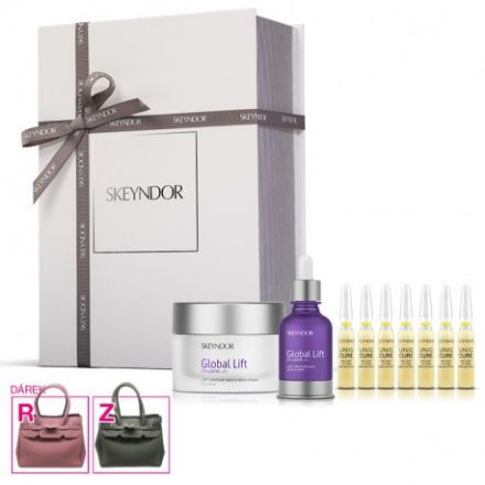 Skeyndor Global Lift Vánoční Sada - Liftingová emulze 50 ml + elixír na tvář a krk 30 ml + ampule Uniqcure okamžitý lifting 7 ks + kabelka Dárková Sada