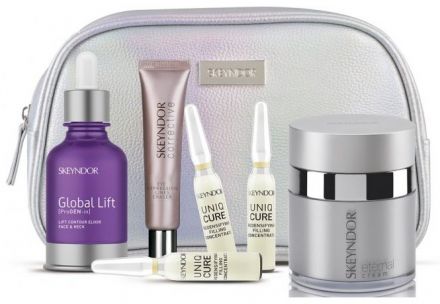 Skeyndor Eternal letní sada - Kém Eternal 50 ml + Global lift elixír 30 ml + Corrective oční krém 15 ml + koncetrát pro zhutnění pleti 3 x 2 ml + ledvinka Dárková sada