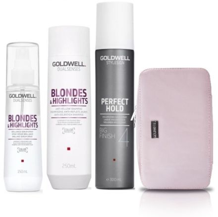 Goldwell Dualsenses Blondes Highlights Anti-yellow Vánoční Set - Šampon 250ml + Sérum 150ml + Lak na vlasy Big Finish 300ml + Neceser Dárková sada