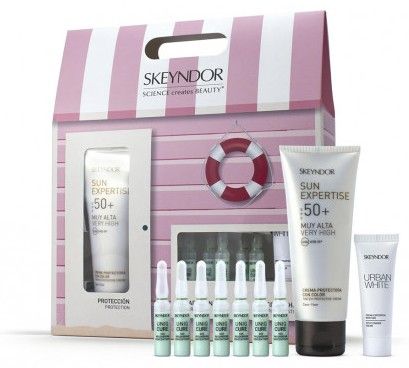 Skeyndor Sun Expertise Tinted Protective Sun Set - Ochranný tónovaný krém SPF50 75 ml + SOS ampule 7x2 ml + Urban White 10 ml Dárková sada