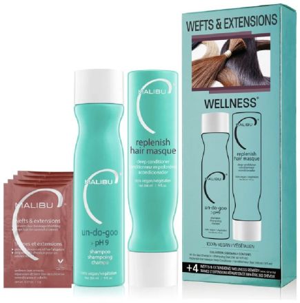 Malibu C Wefts & Extensions Wellness Collection - Čistící šampon 266 ml + Replenish maska 266 ml Dárková sada